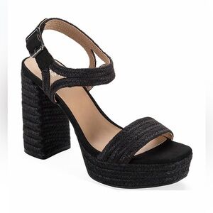 Black Jute straw woven open toe thick block heeled sandals